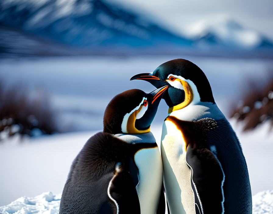 King penguins grouped in snow with blurred mountains