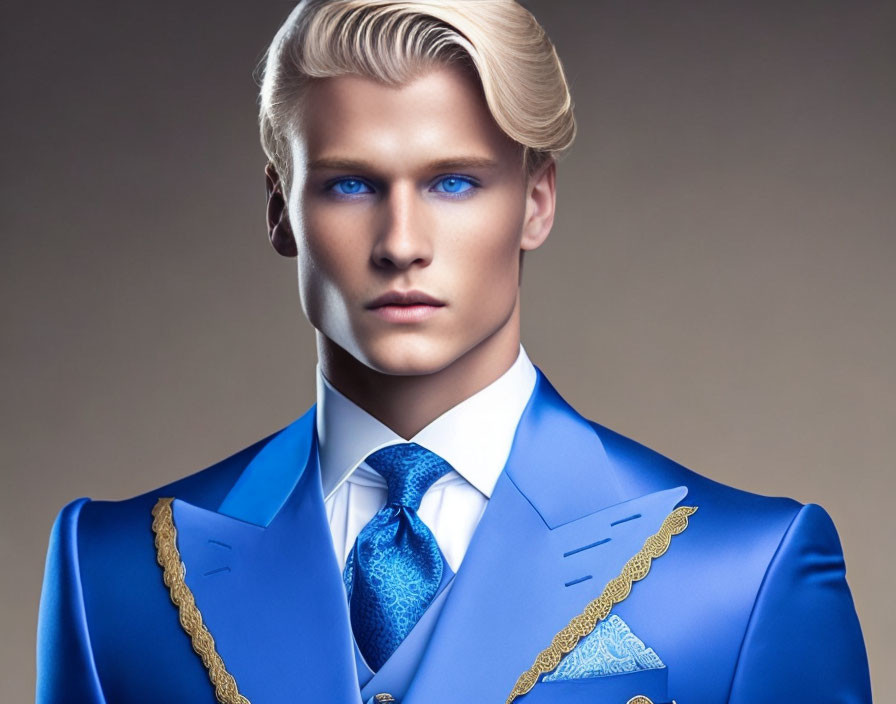 Digitally enhanced image: Blond man in blue suit with gold trim on grey background