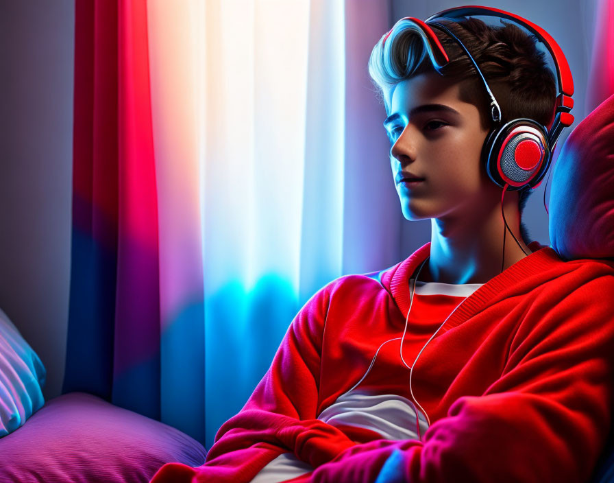 Young person in red hoodie with headphones by neon-lit window