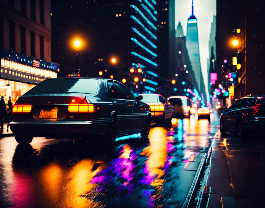 Vibrant neon reflections on wet city street at night