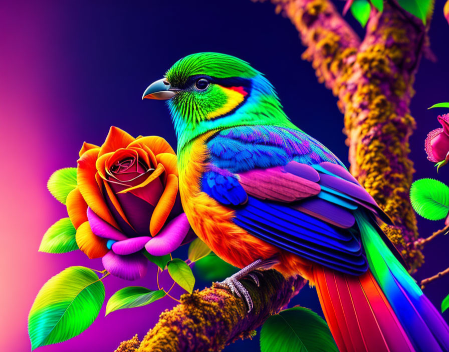 Colorful Bird and Rose on Branch with Purple Background