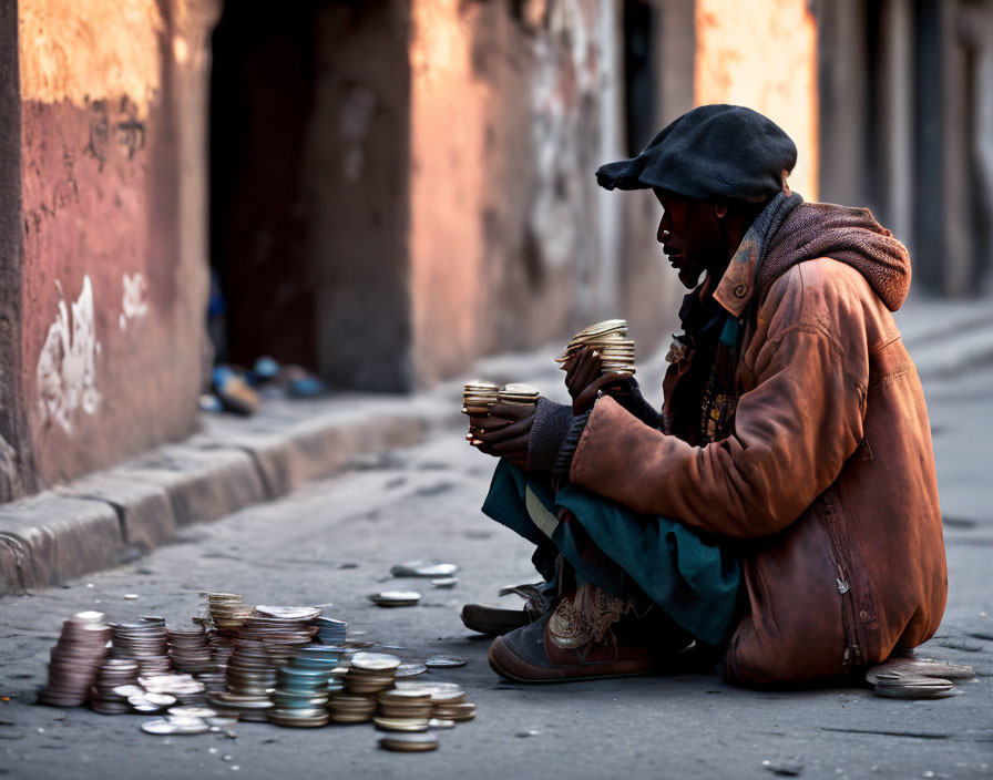 Focused man counting stacks of coins on street sidewalk