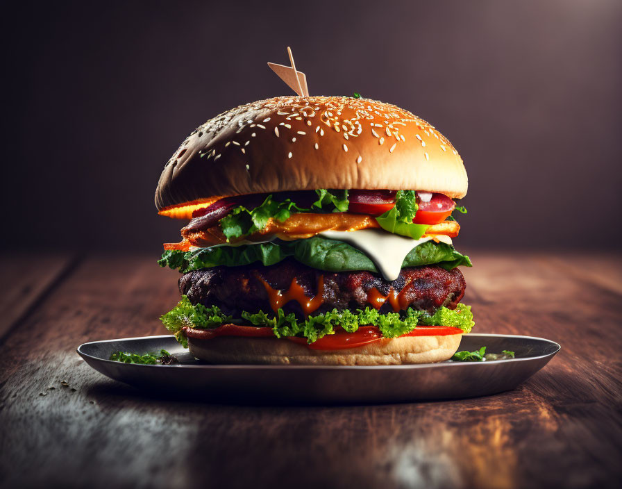 Double Cheeseburger with Lettuce, Tomato, Cheese, and Bacon on Plate