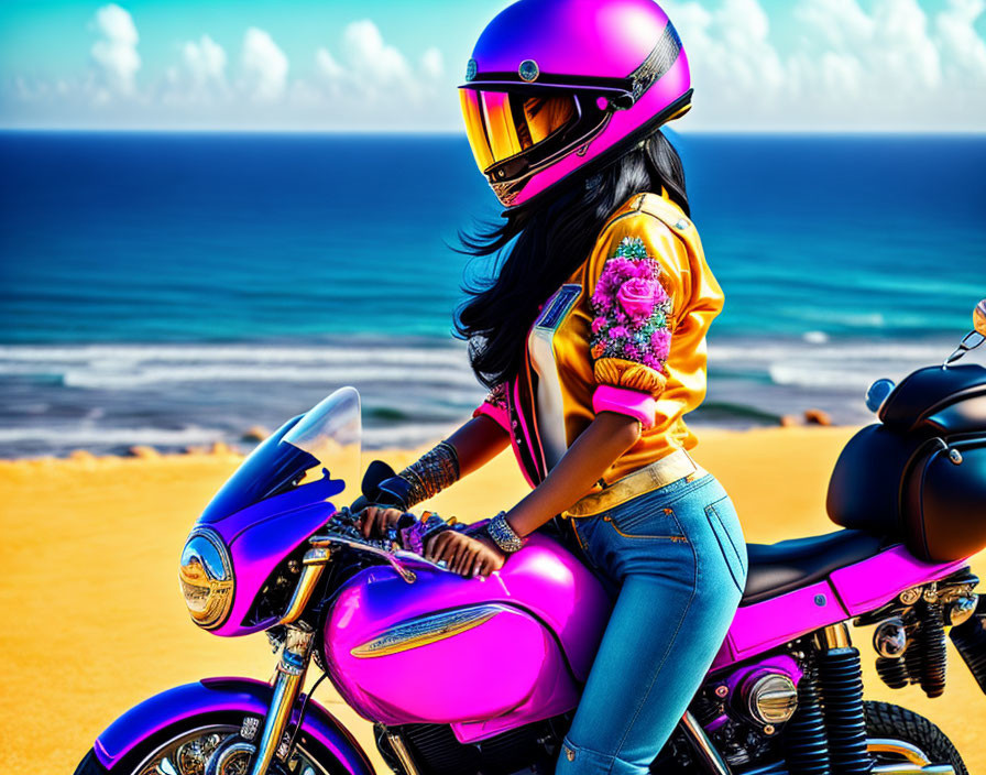 Colorfully dressed woman on pink motorcycle at beach.