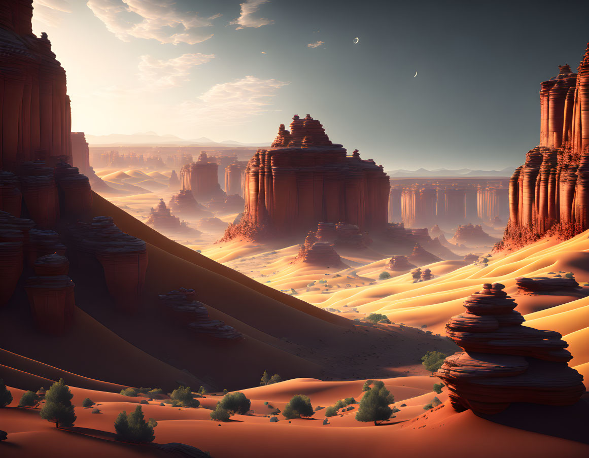 Desert Landscape with Sandstone Formations and Crescent Moons