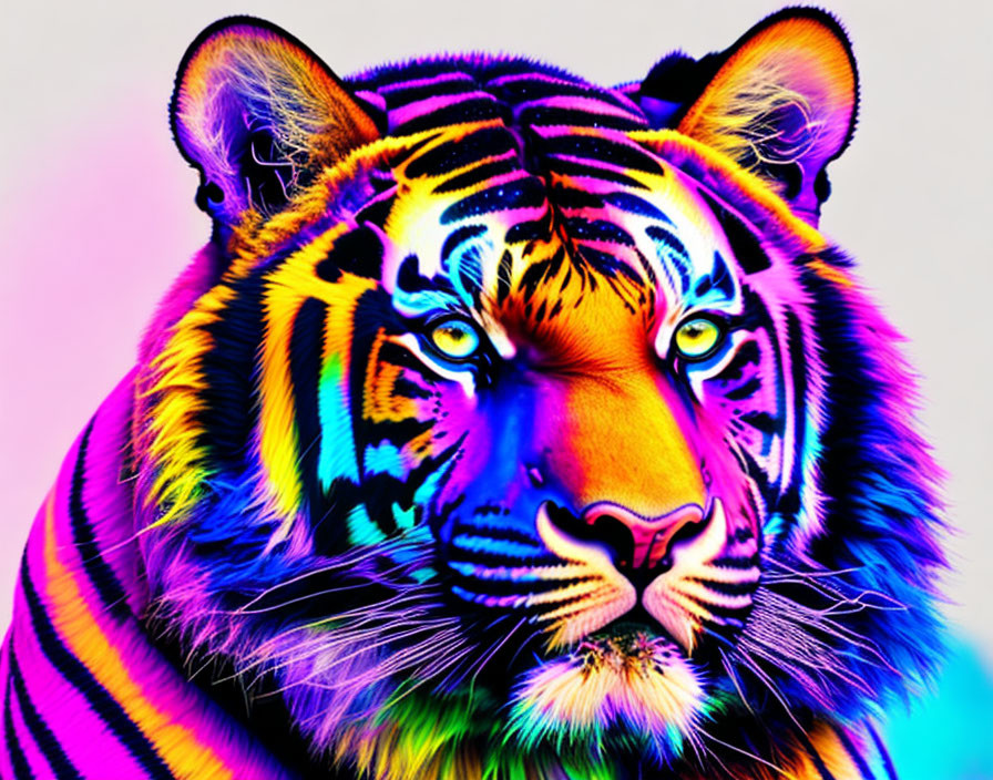 Colorful Tiger with Rainbow Coat on Neon Background