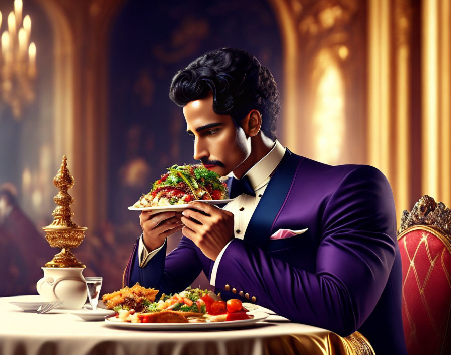 Sophisticated man in purple suit dining elegantly in lavish, golden-lit room