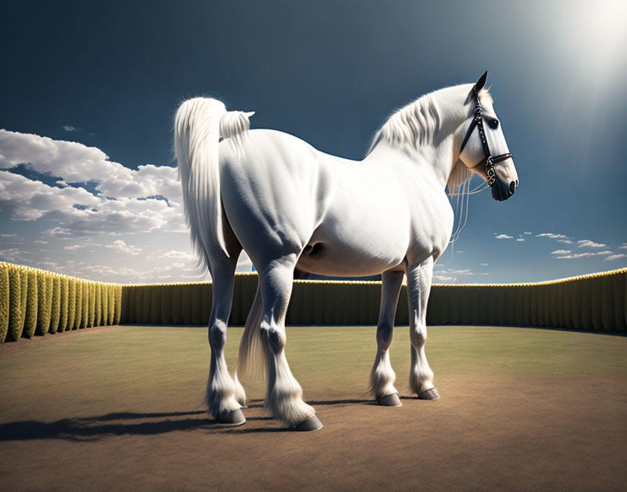 White horse with lush mane in fenced area under blue sky