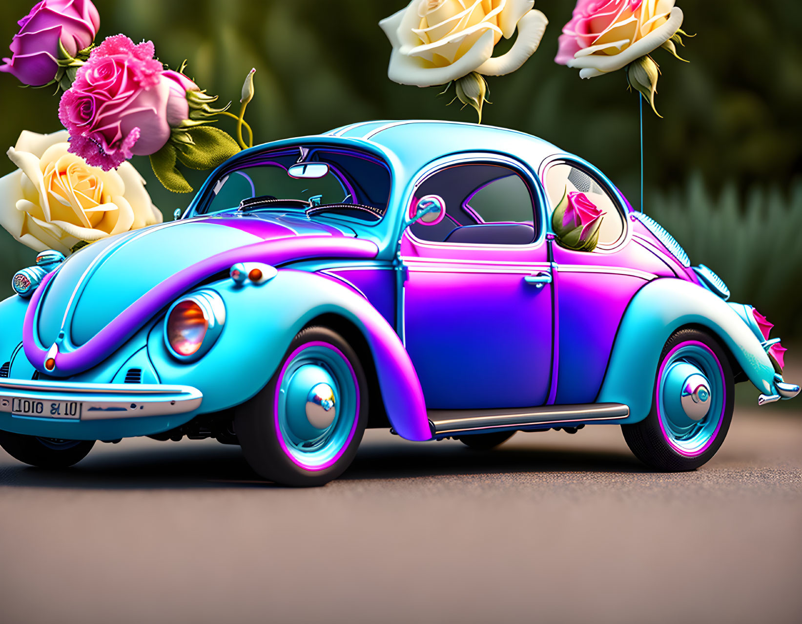 Colorful Volkswagen Beetle illustration in blue and pink gradient near flowers