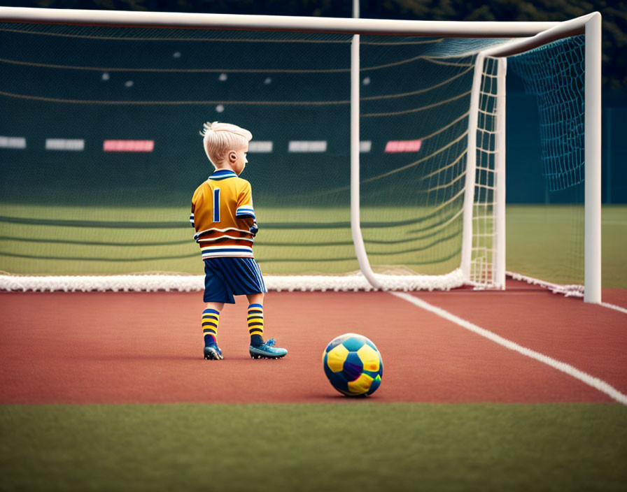 Child in Striped Soccer Jersey on Red Field