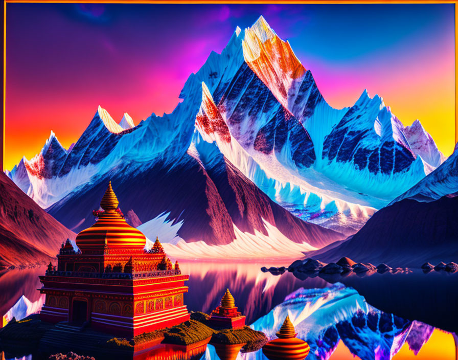 Colorful sunset over mountain range with temple and water reflections