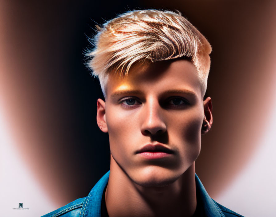 Young man with stylish blond haircut in denim jacket on dark background