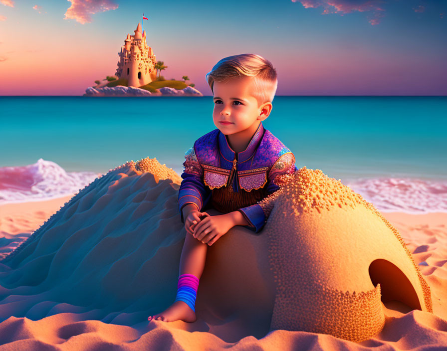 Child in patterned outfit on sandy beach with sandcastle and fantasy castle at sunset