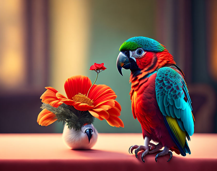 Colorful Macaw Perched Next to Flower Reflection