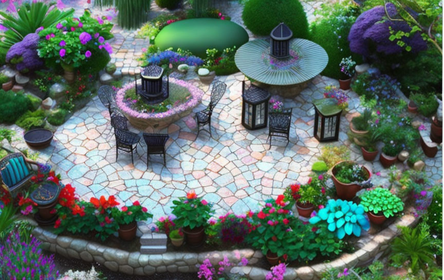 Colorful Garden with Mosaic Path, Flowers, Pond, and Sitting Area