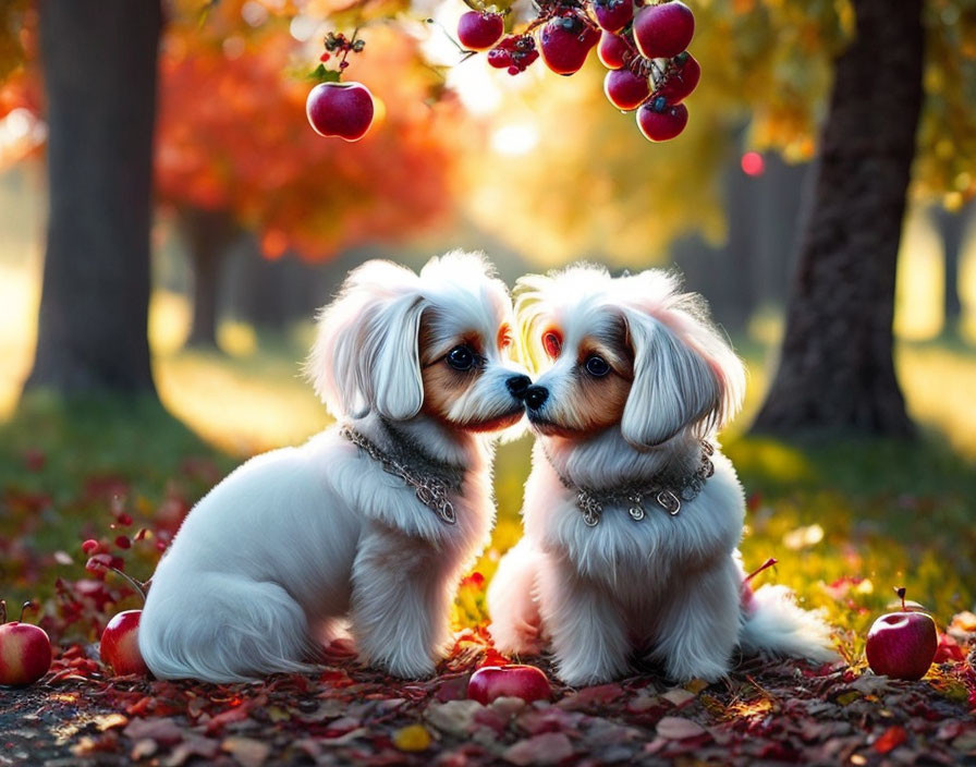 Two White Fluffy Dogs Wearing Fancy Collars Touch Noses Under Tree with Fruit and Leaves