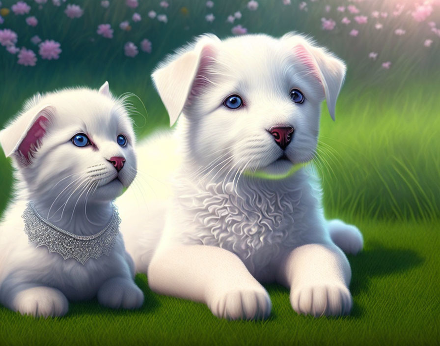 White kitten and puppy on grassy field with flowers