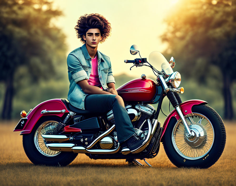 Person with Voluminous Curly Hair on Maroon Motorcycle in Pink Shirt and Jeans