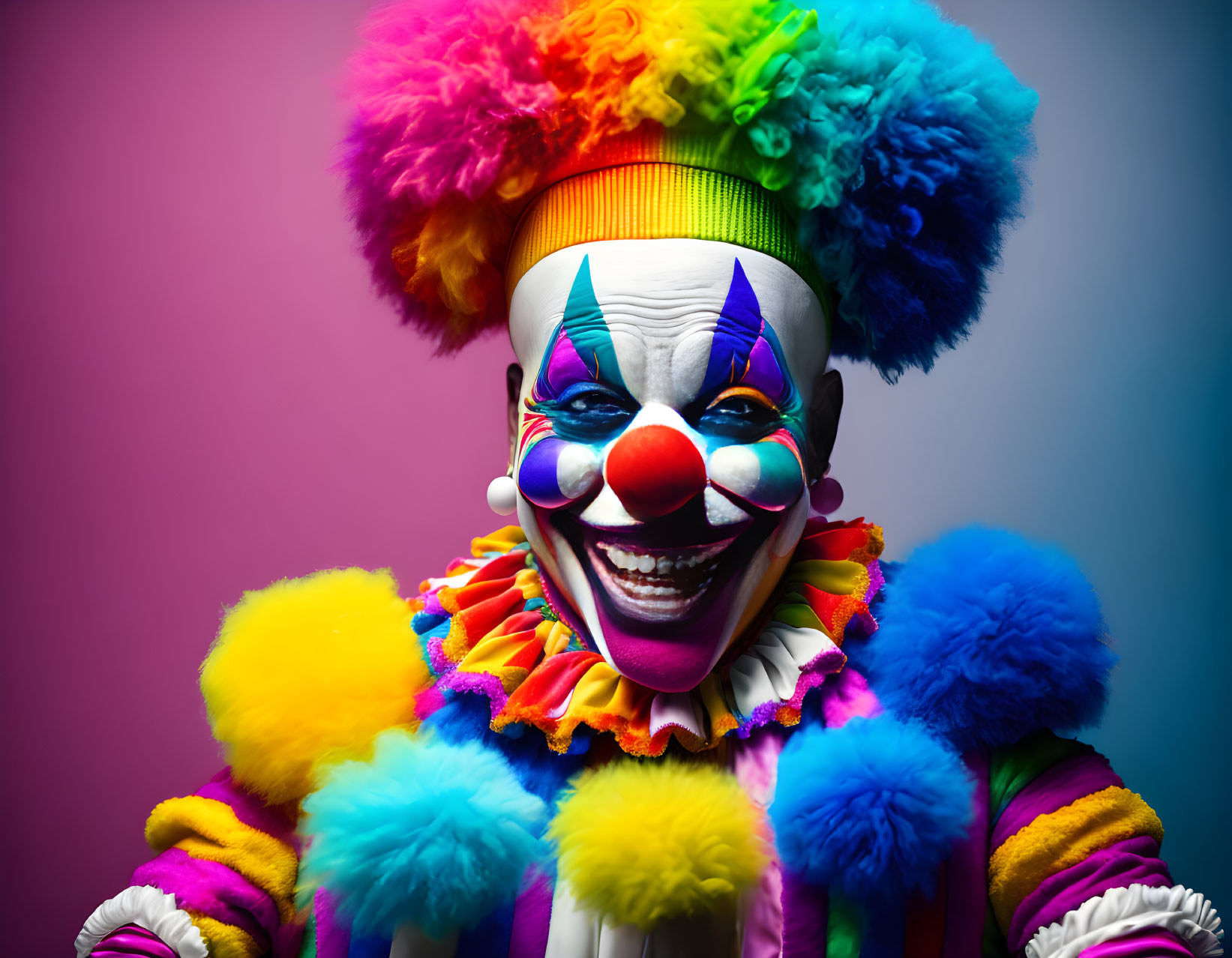 Colorful Clown in Vibrant Outfit Smiling on Gradient Background