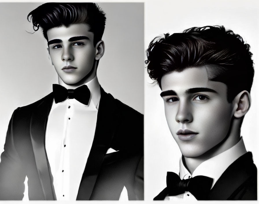 Monochrome image of stylish young man in tuxedo with textured haircut