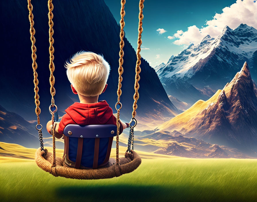 Boy on Swing Gazes at Towering Mountains in Lush Landscape