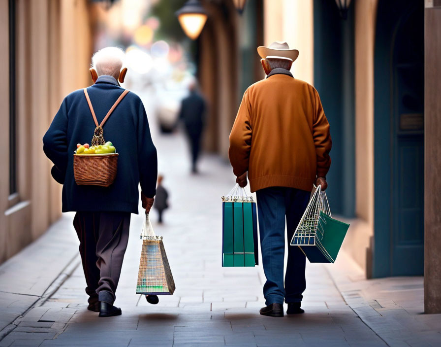 Elderly men with shopping items walking down street