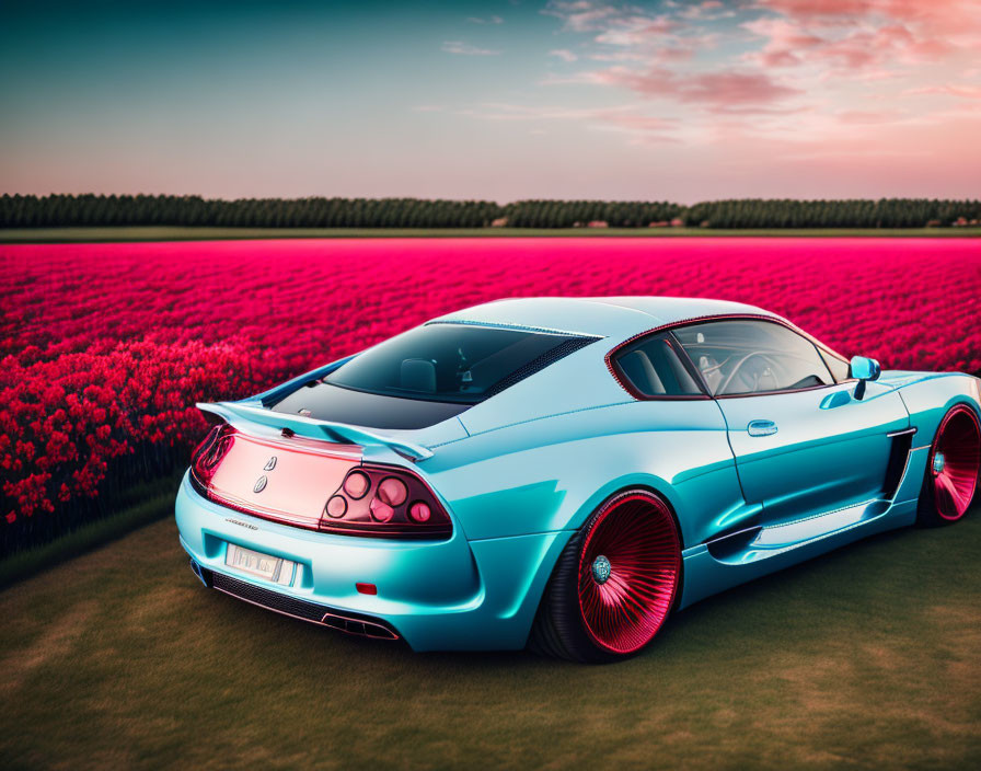 Turquoise Sports Car with Red Rims Parked by Field of Red Flowers