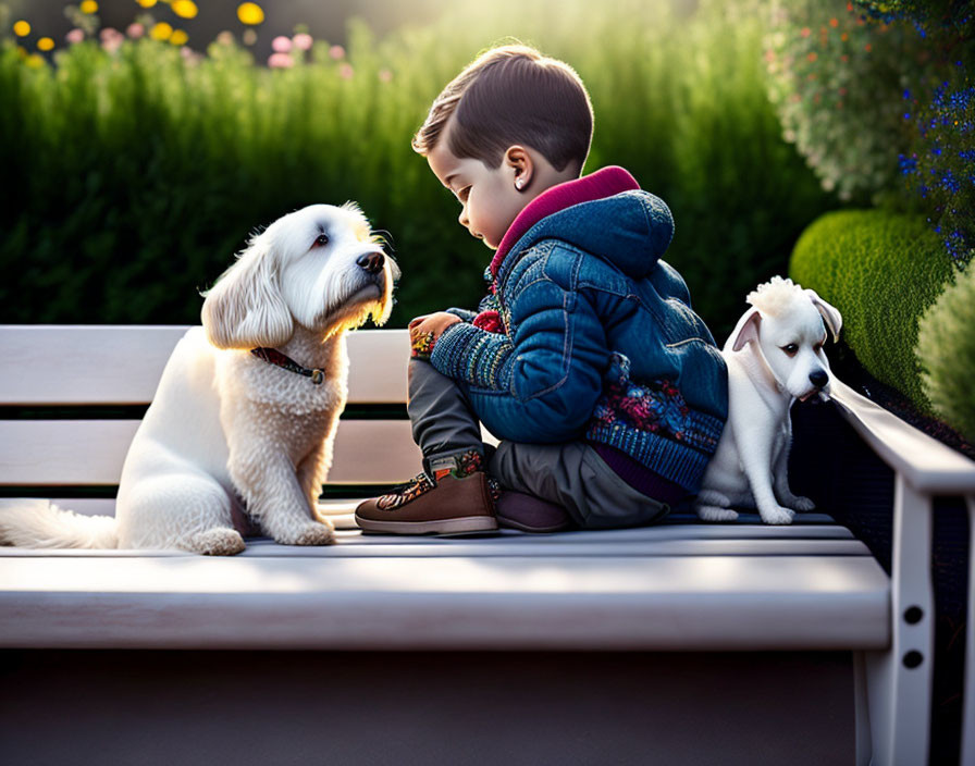 Boy sharing treat with fluffy white dog on bench in garden