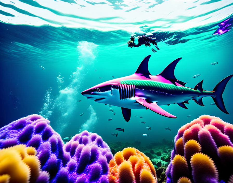 Colorful Coral Reefs with Diver, Shark, and Tropical Fish in Blue Ocean