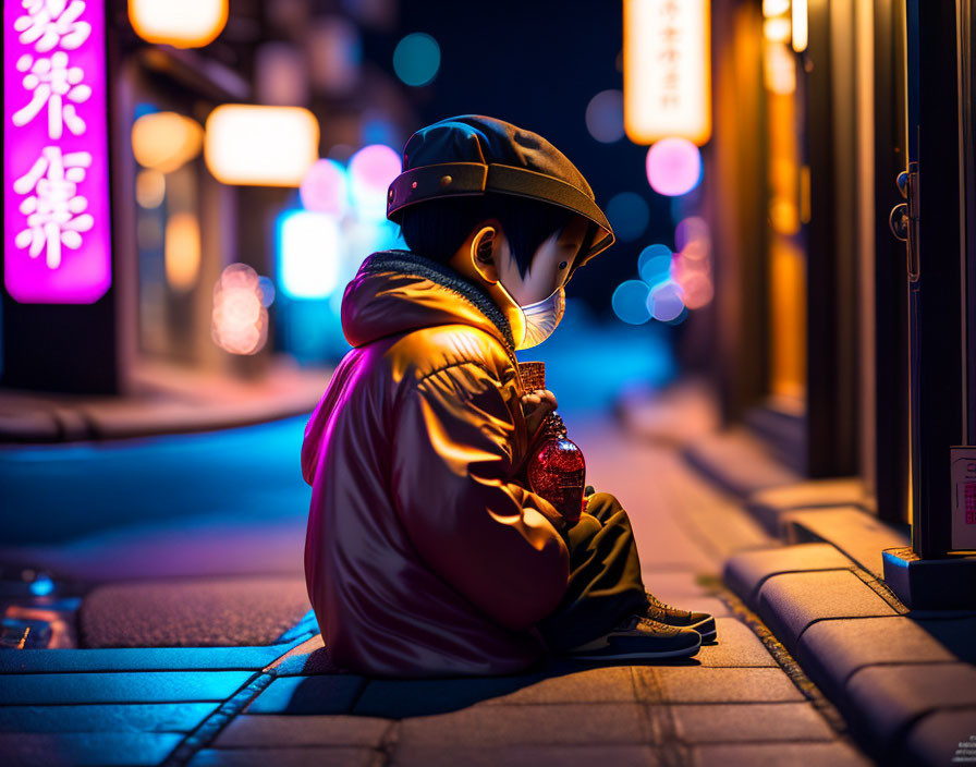 Masked person with red object on city sidewalk at night with neon signs