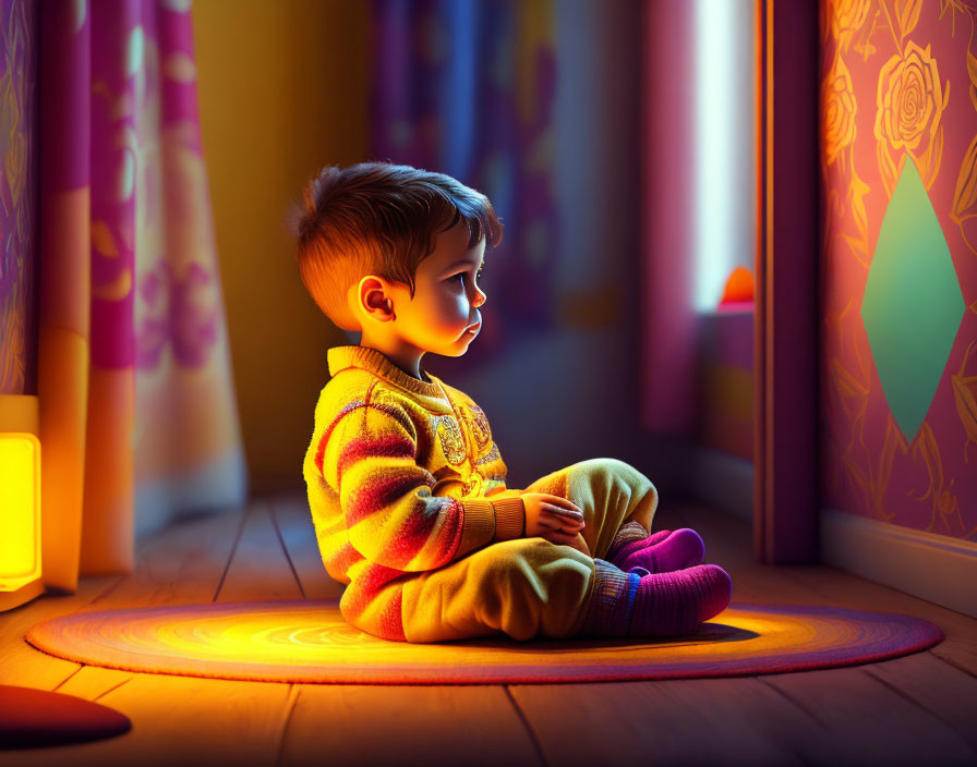 Child sitting by window at sunset with colorful curtains and patterned wall