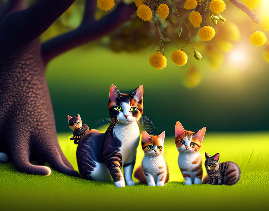 Colorful Cats Under Tree with Yellow Flowers in Dreamy Background