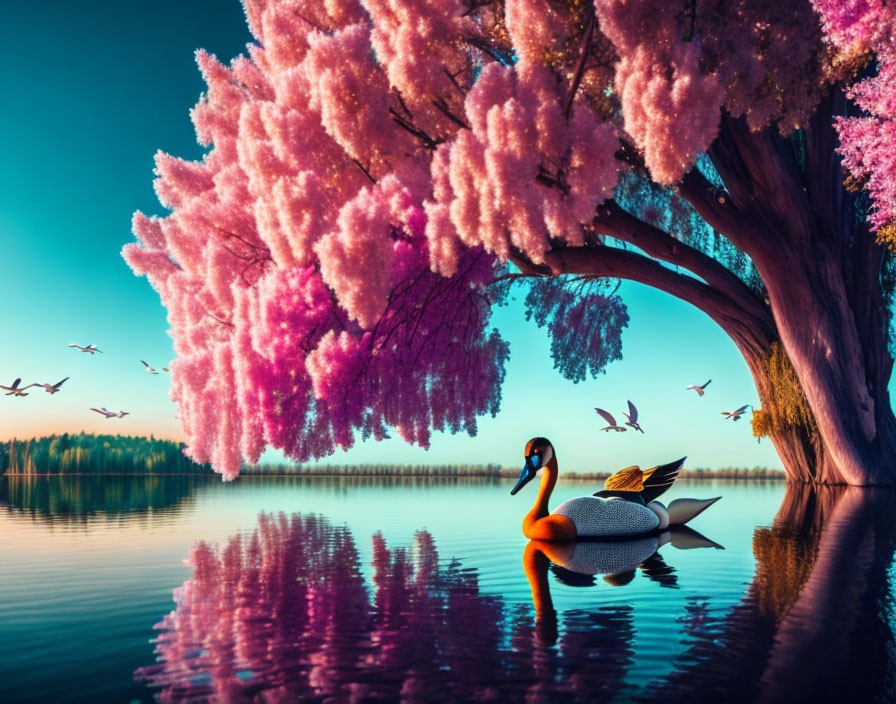 Tranquil lake scene with swan, blossoming tree, and twilight sky