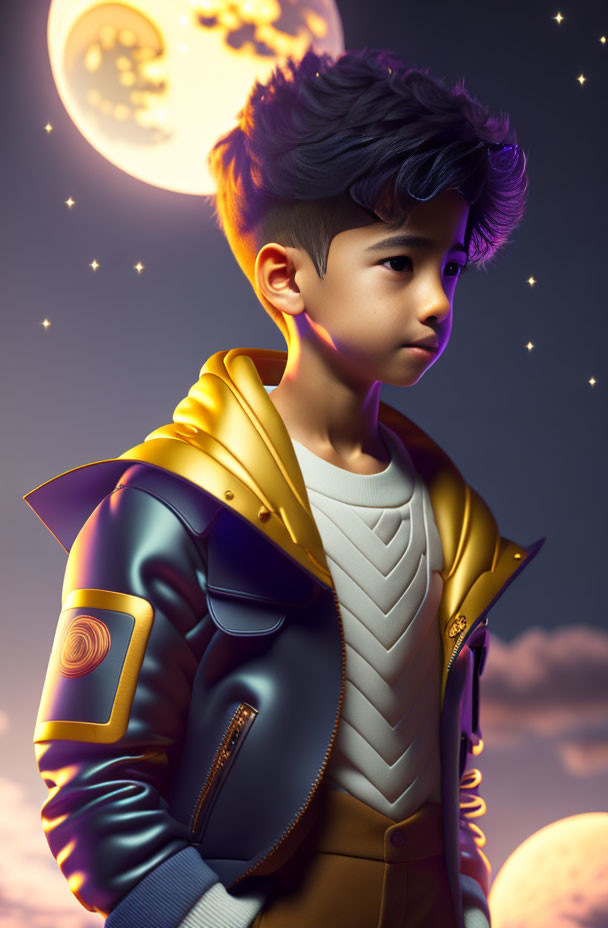 Young boy in stylish jacket gazes at fantasy night sky with moon and stars