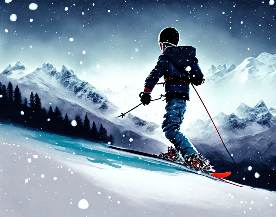 Skier on Snowy Slope with Mountains and Snowflakes