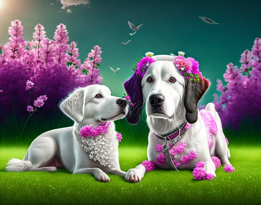 Two dogs adorned with flowers on grass with purple flowers and birds.