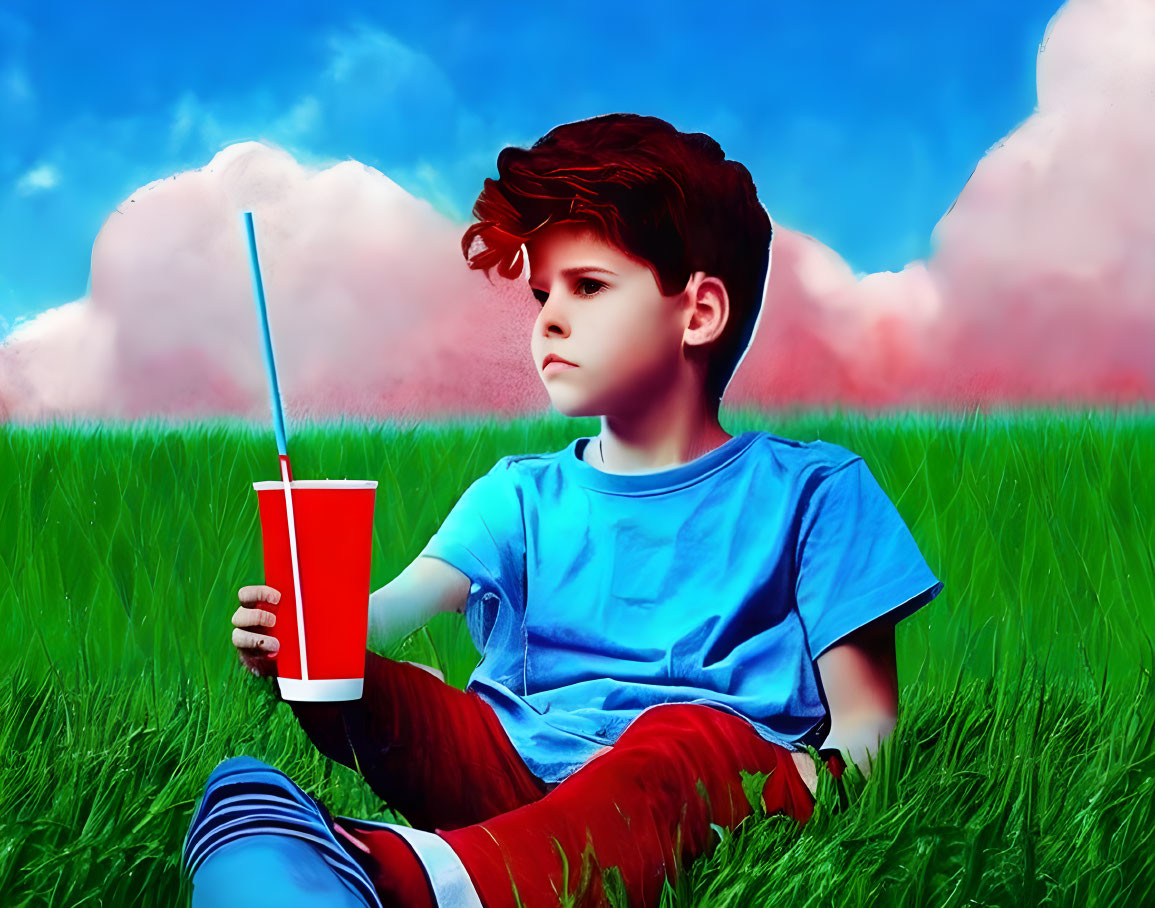 Young boy with tousled hair holding red cup on grass under blue sky and clouds.