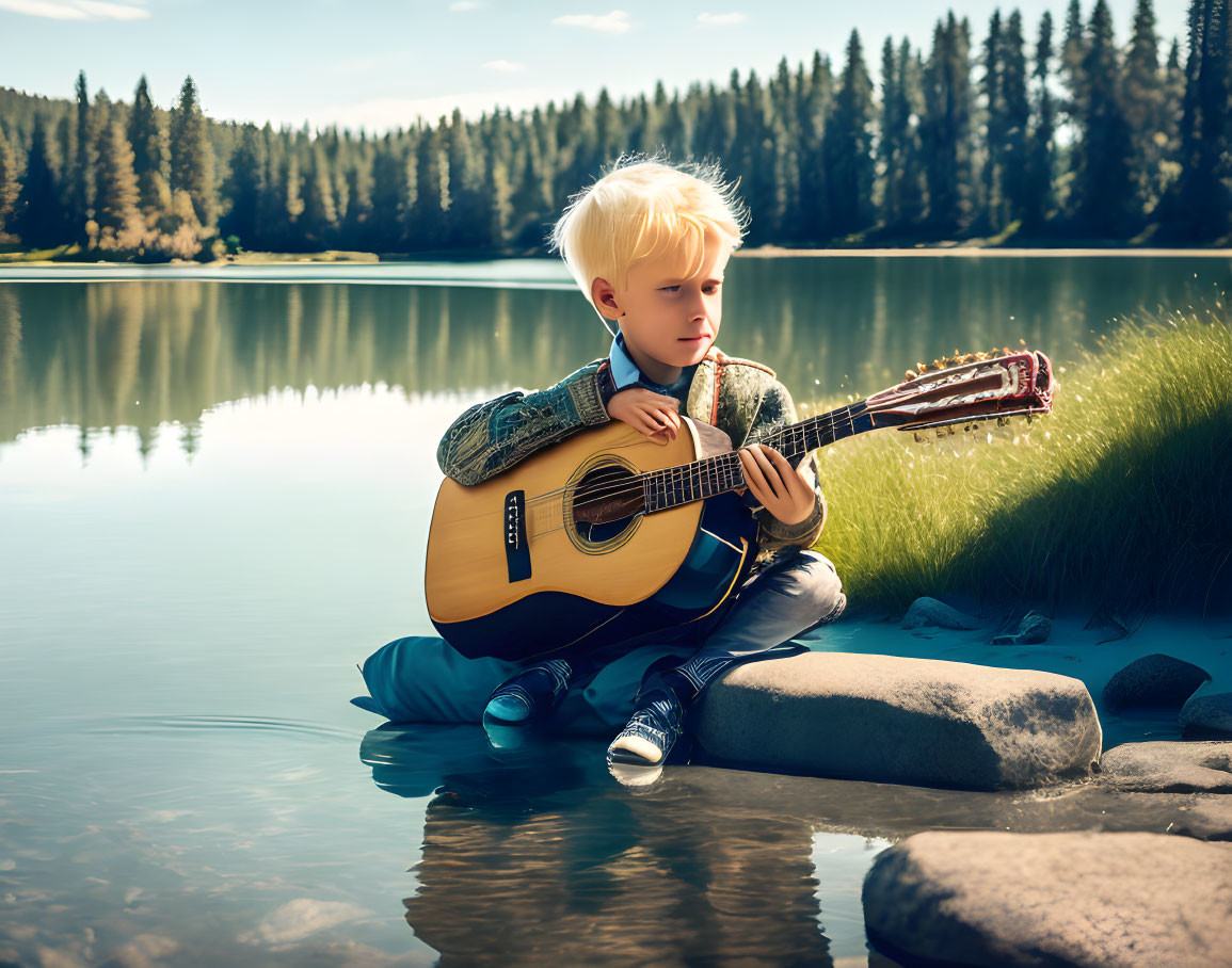 Blond-Haired Child Plays Guitar by Serene Lake