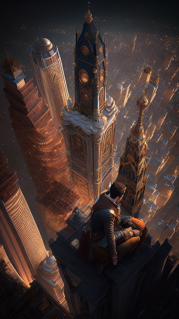 Person on ledge overlooking fantasy city at dusk with ornate towers.