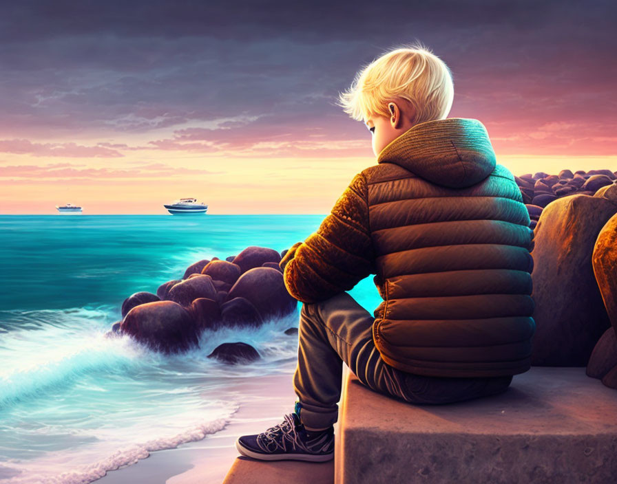 Child on Rock Watching Ships at Sea During Vibrant Sunset