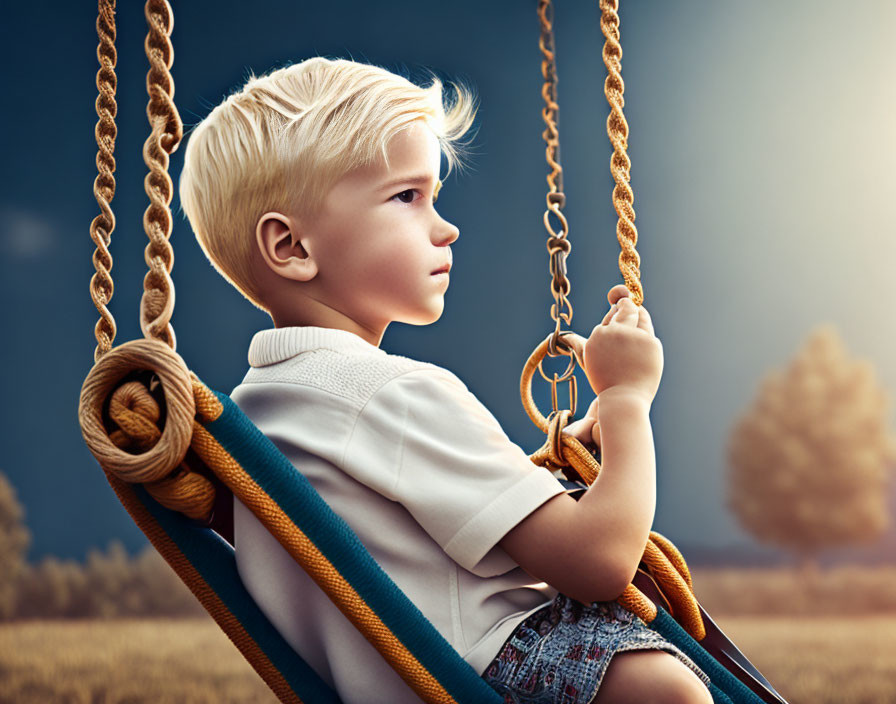 Blonde-Haired Boy Sitting on Swing at Dusk