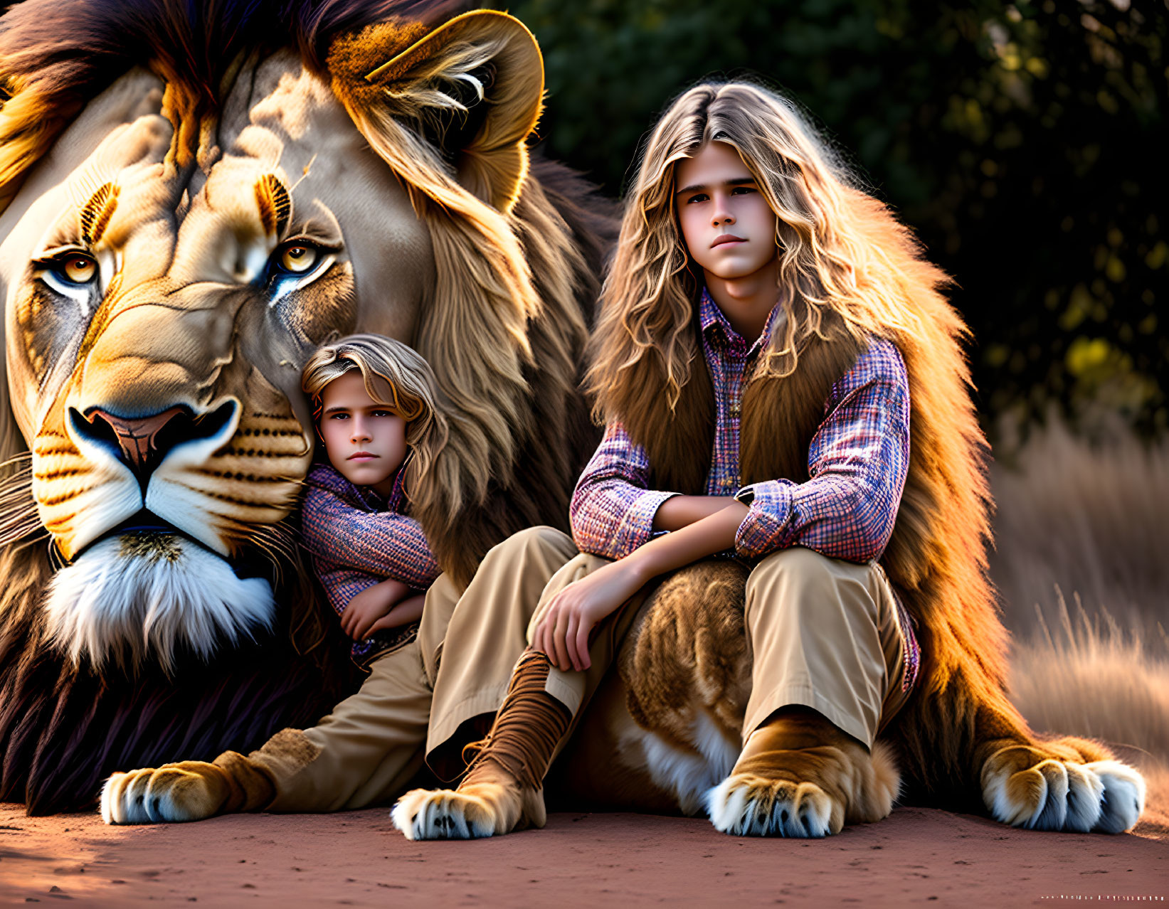 Surreal image: Two boys merged with lion in outdoor scene