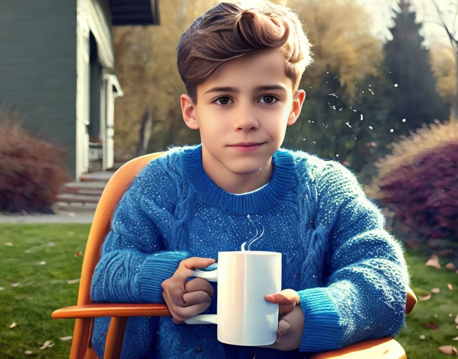 Young boy in blue sweater with styled hair holding mug outdoors on orange chair.