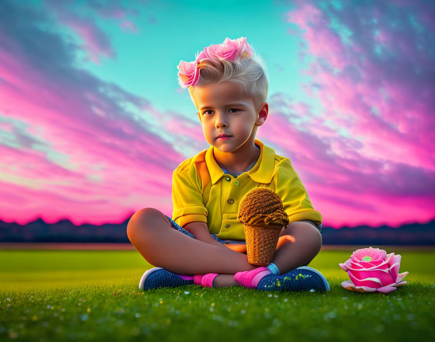 Child with stylish hairdo holding ice cream cone at sunset with pink flower.