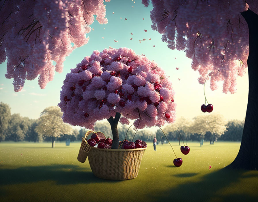 Cherry blossom landscape with cupcake-shaped tree and cherries basket