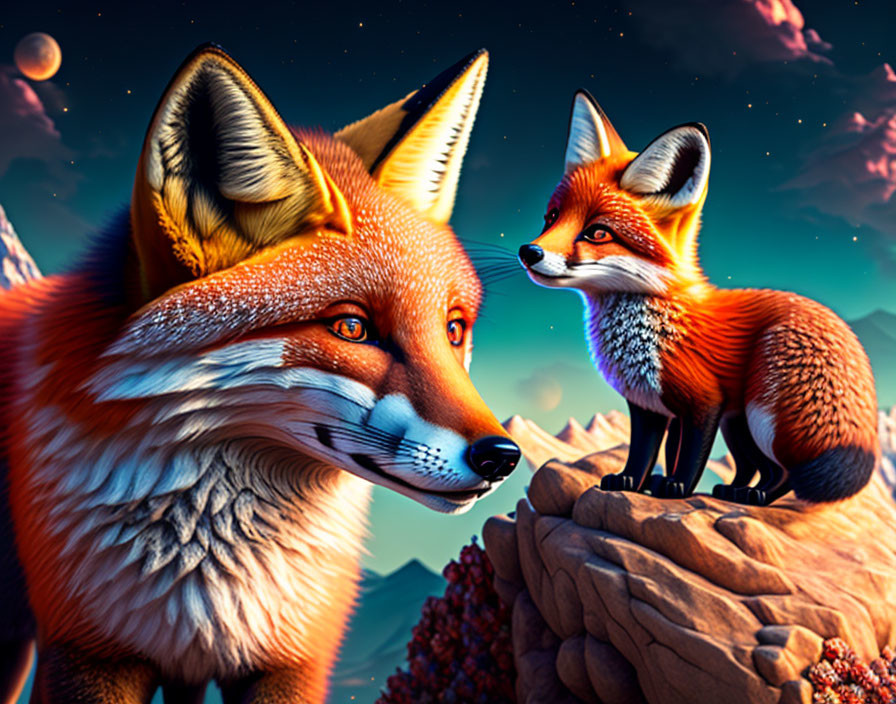 Illustration of two foxes on rocky outcrop under twilight sky