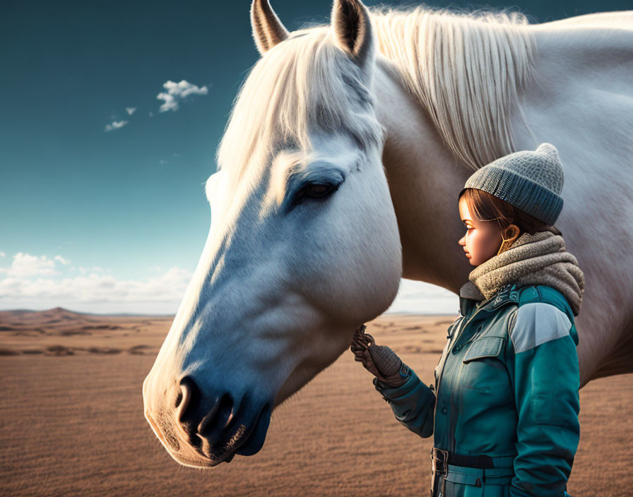 Woman in warm hat and jacket with white horse in desert landscape