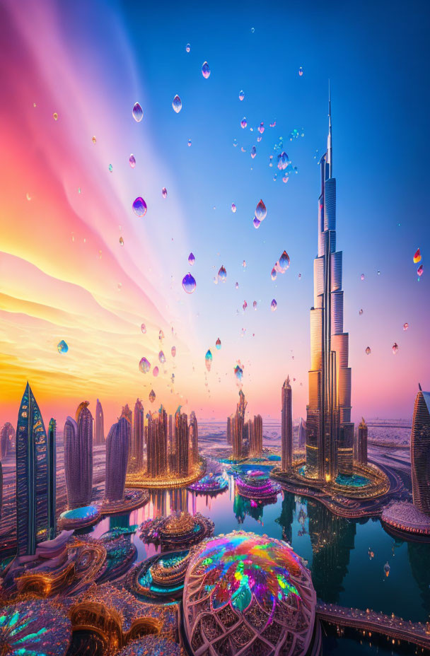 Colorful Surreal Cityscape with Skyscrapers and Iridescent Bubbles