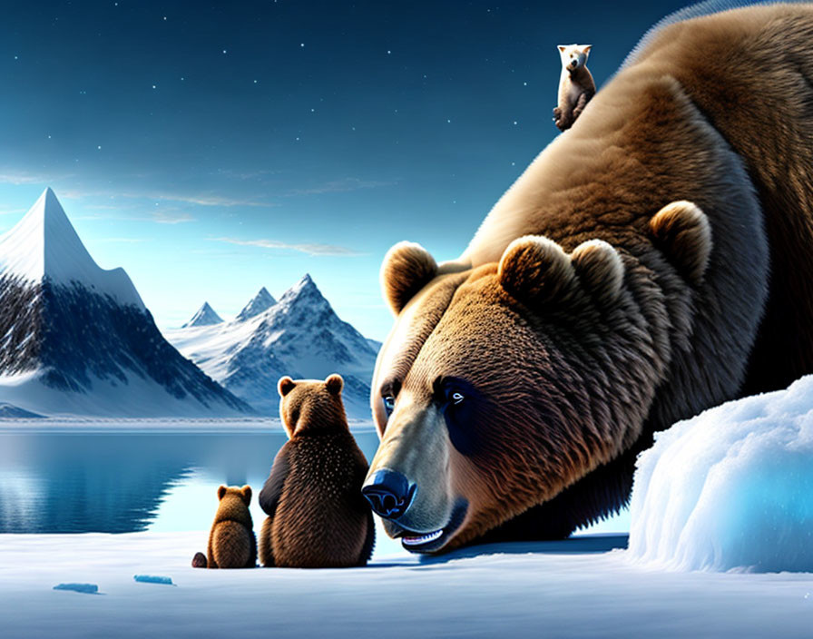 Mother Bear with Two Cubs Lakeside in Winter Scene with Mountains and Bear on Iceberg