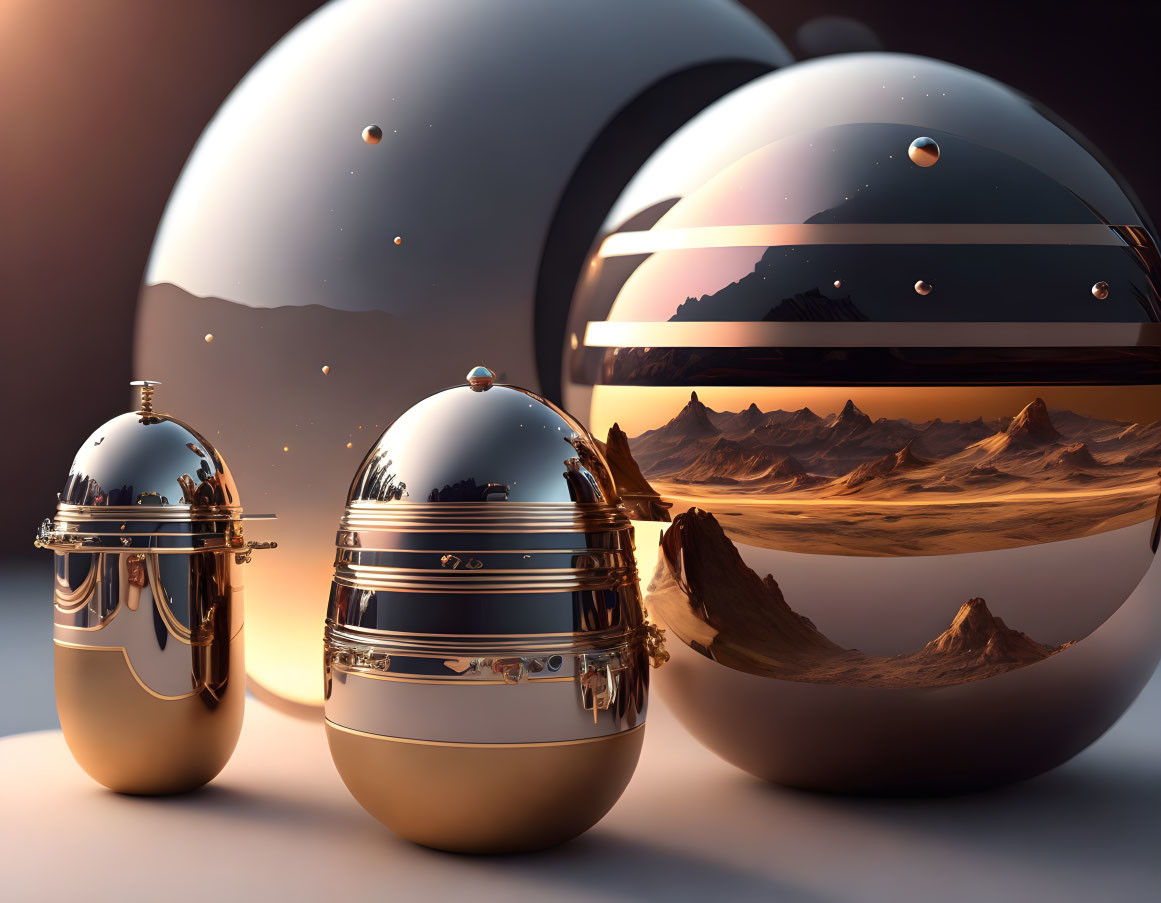 Shiny Metallic Spheres Reflecting Desert Landscape